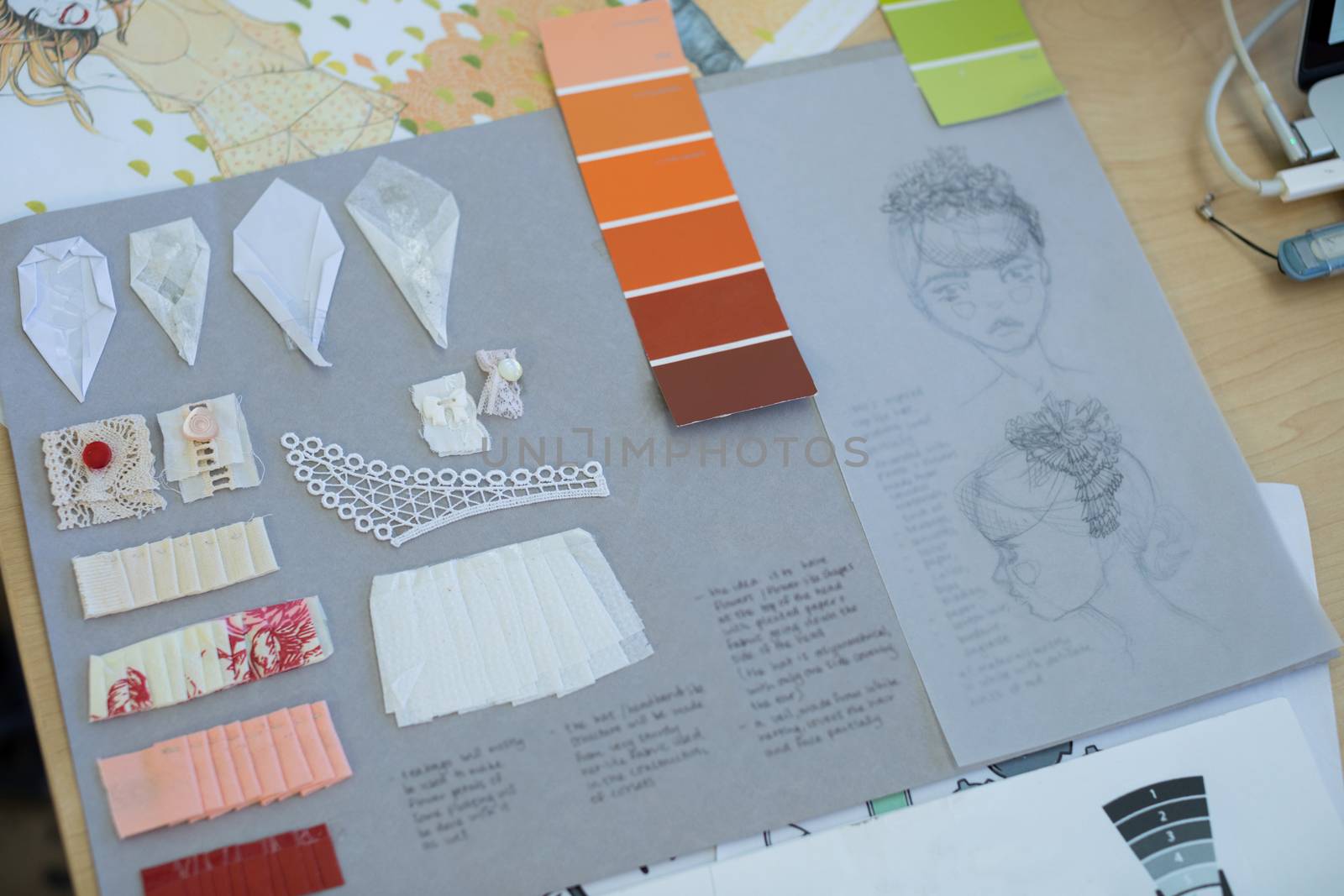Close-up of sketch and fashion material on chart paper on table by Wavebreakmedia