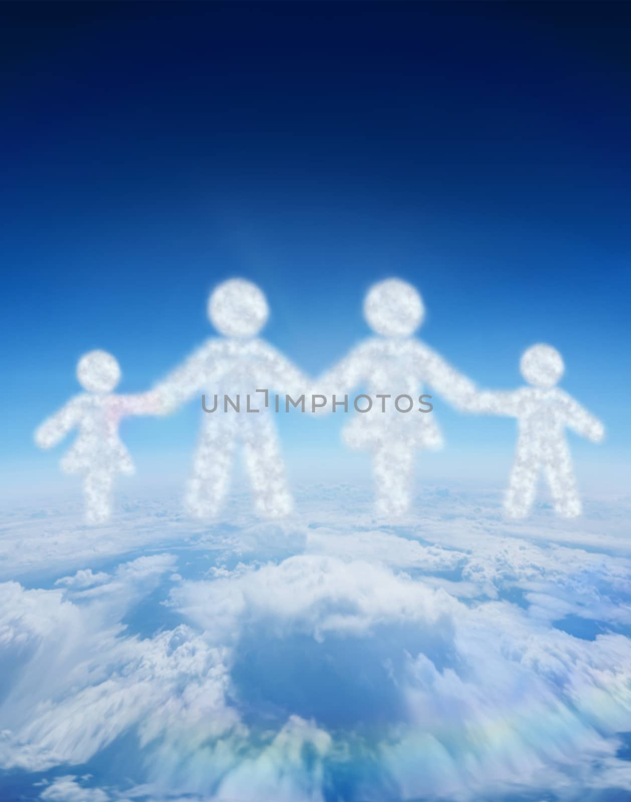 Cloud in shape of family against blue sky over clouds at high altitude