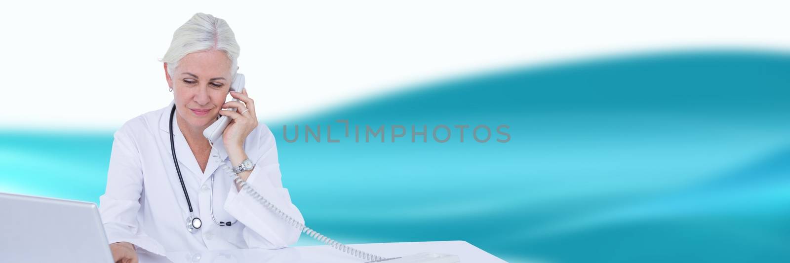 Doctor at desk on phone against blue and white blurred abstract background by Wavebreakmedia