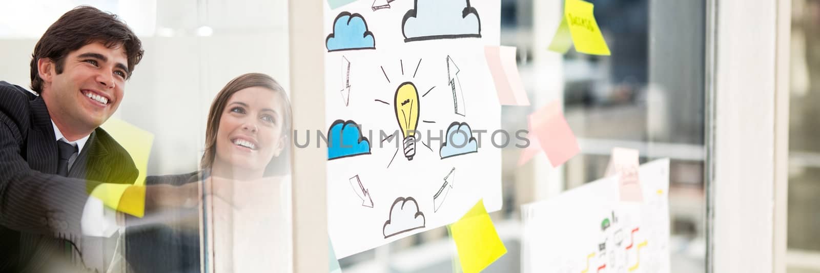 Digital composite of Business people smiling with window and sticky notes transition