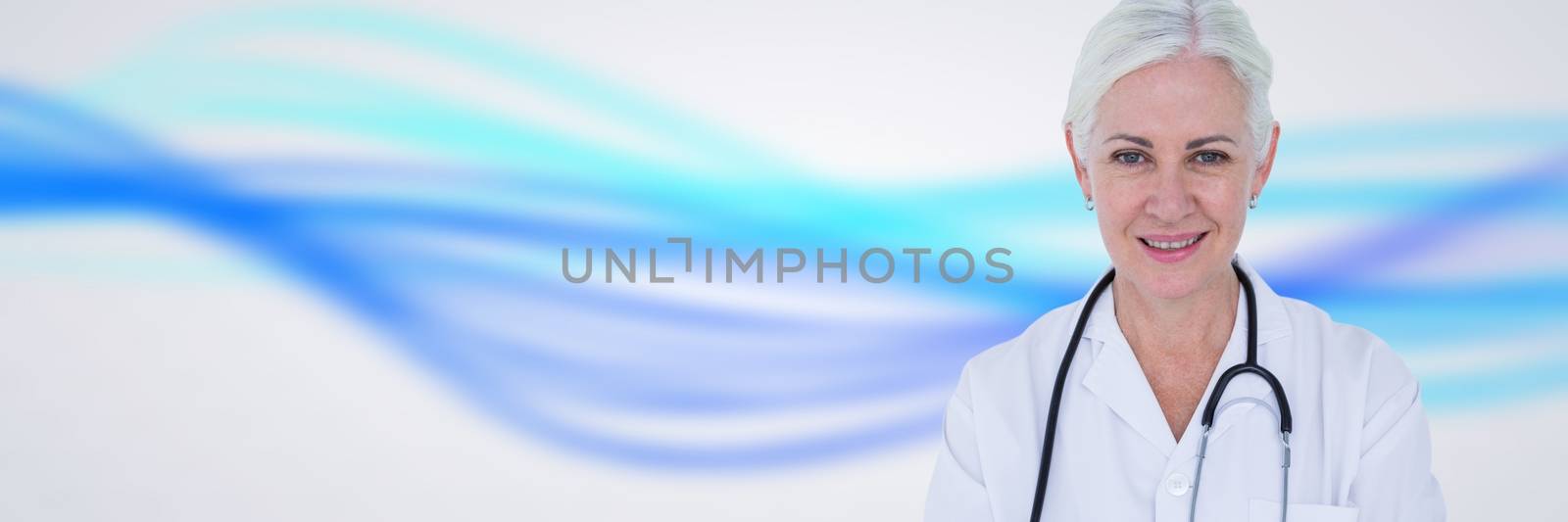 Digital composite of Doctor against blue and white abstract background