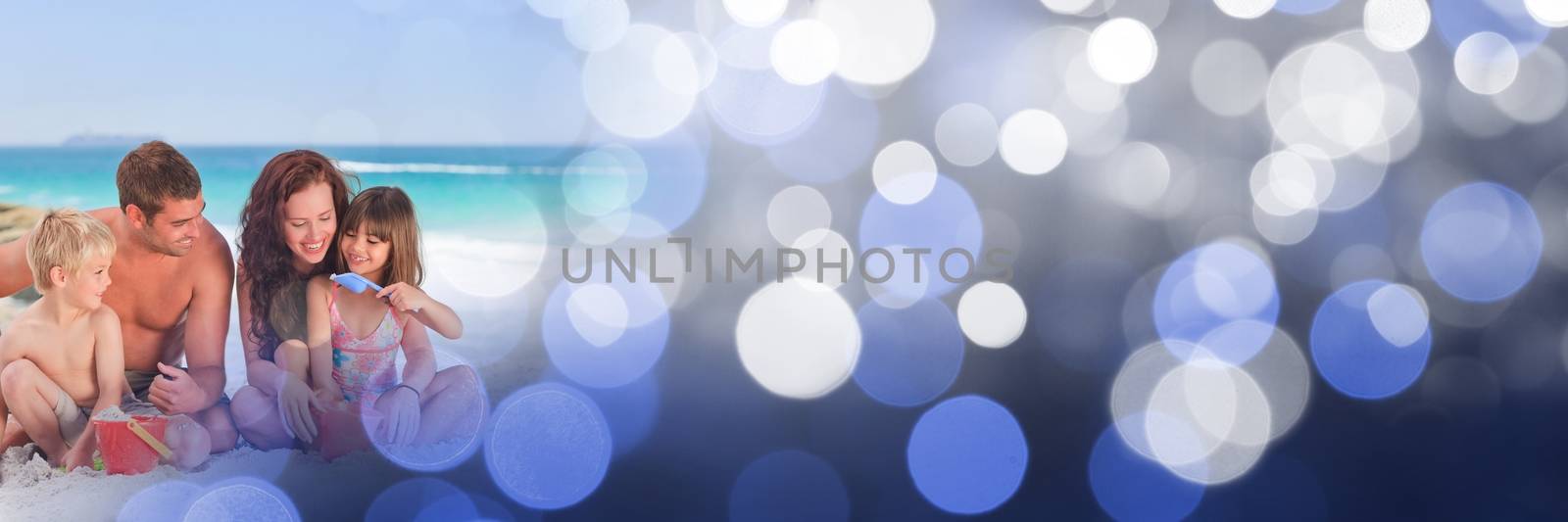 Digital composite of Family at beach with bucket and spade with blue bokeh transition