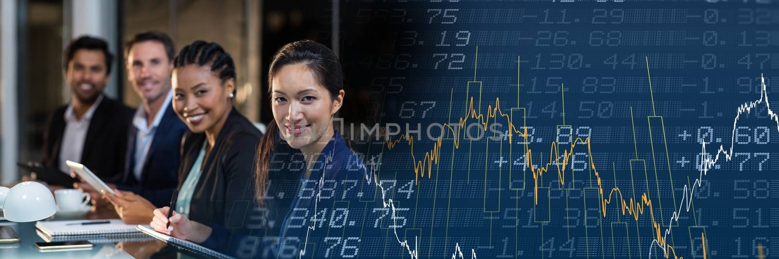 Digital composite of Row of business people with blue finance graph transition