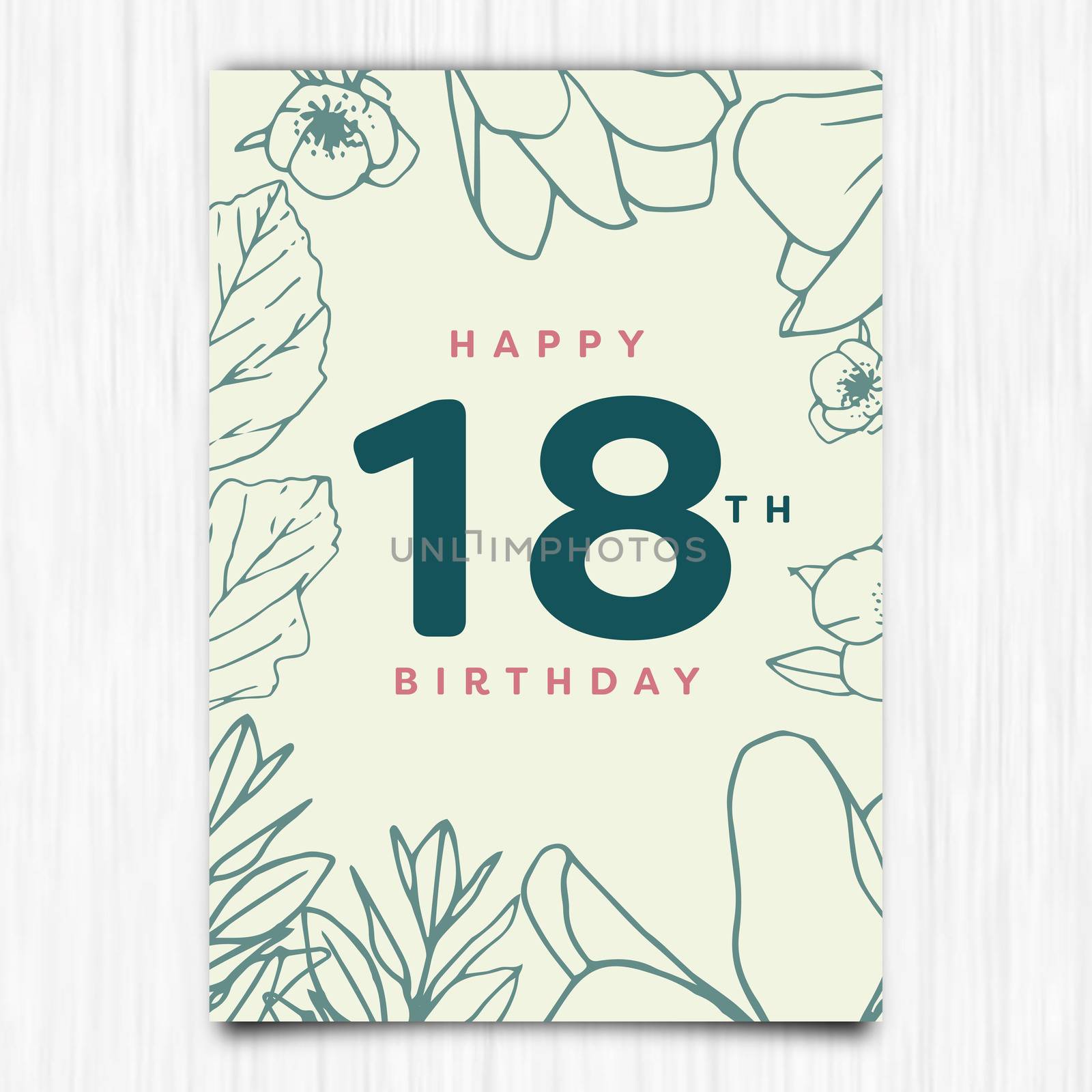 Vector icon of happy birthday 18th years greeting card with leaves decoration