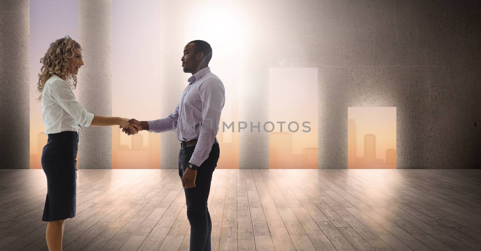 Digital composite of business people greeting in cityscape