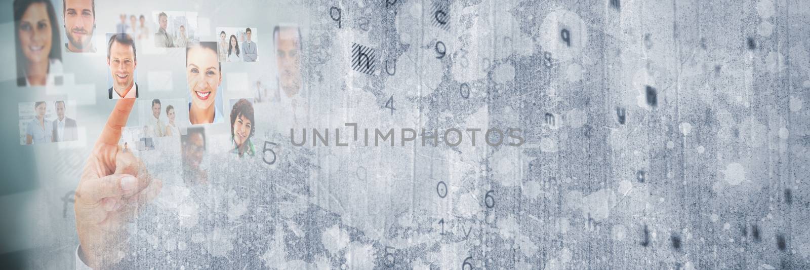 Digital composite of Hand touching images of faces with grey texture transition_0014