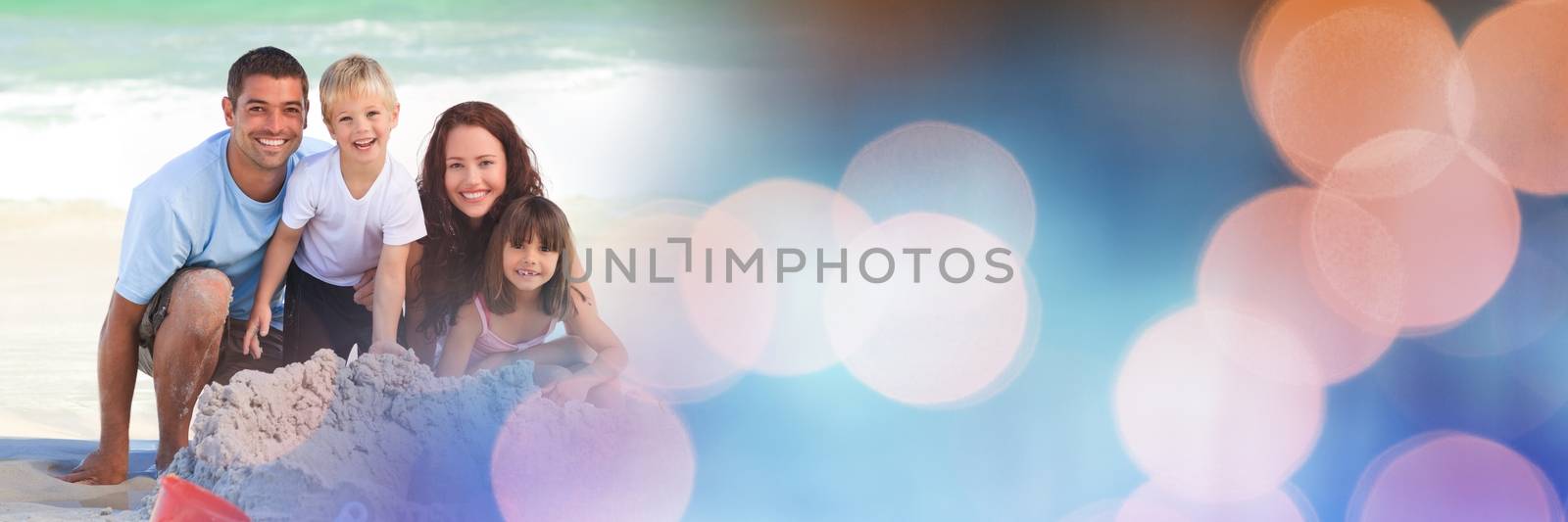 Digital composite of Family at beach with sand castles and blue orange bokeh transition