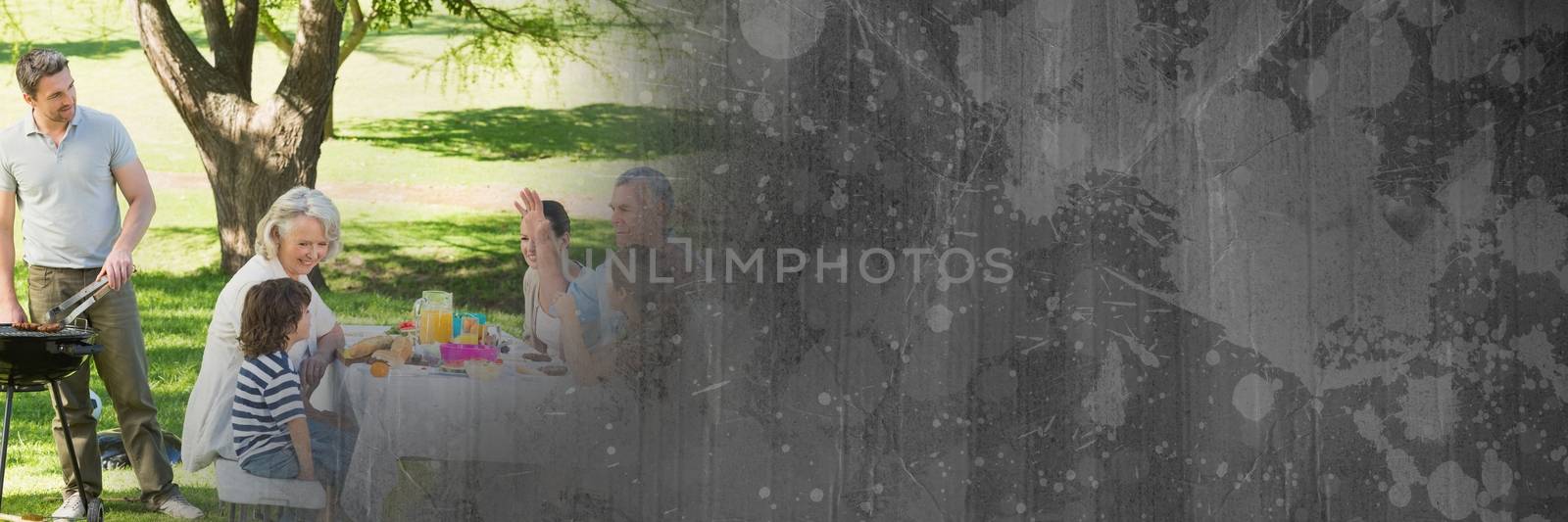 Digital composite of Family at table and bbq with grey cardboard transition