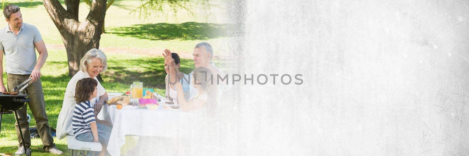 Digital composite of Man cooking bbq for family with white grunge transition