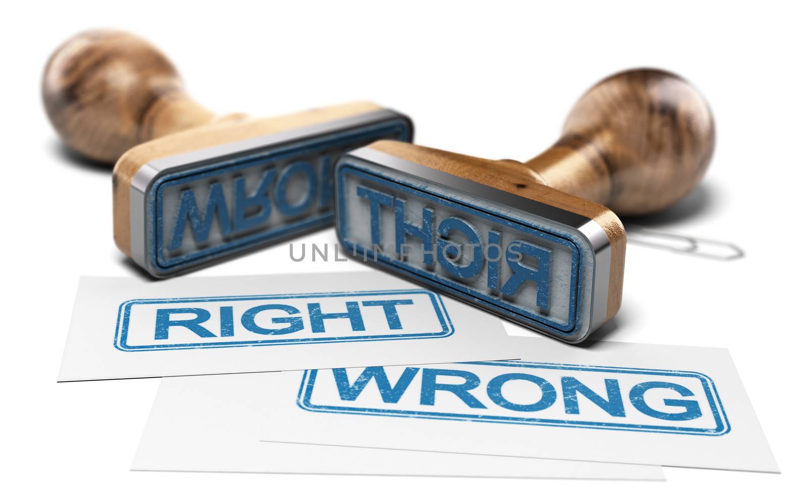 3D illustration of two rubber stamps over white background and business cards with the words right or wrong.
