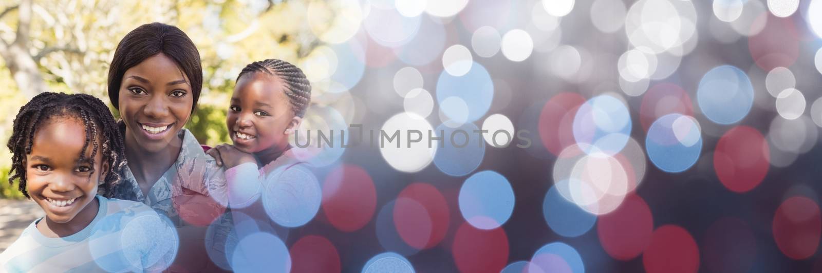 Digital composite of Family with soldier mother and blue red bokeh transition