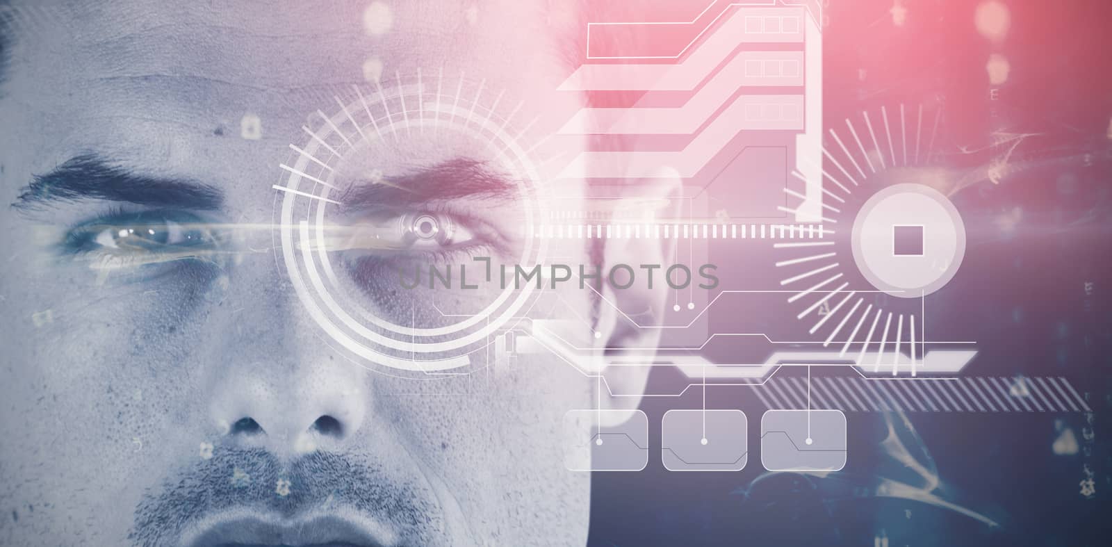 3D image of close up portrait of handsome man against digitally generated image of abstract pattern