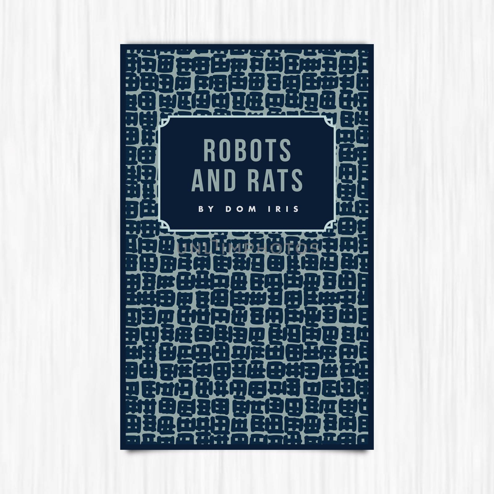 Vector of novel cover with robots and rats text against white background