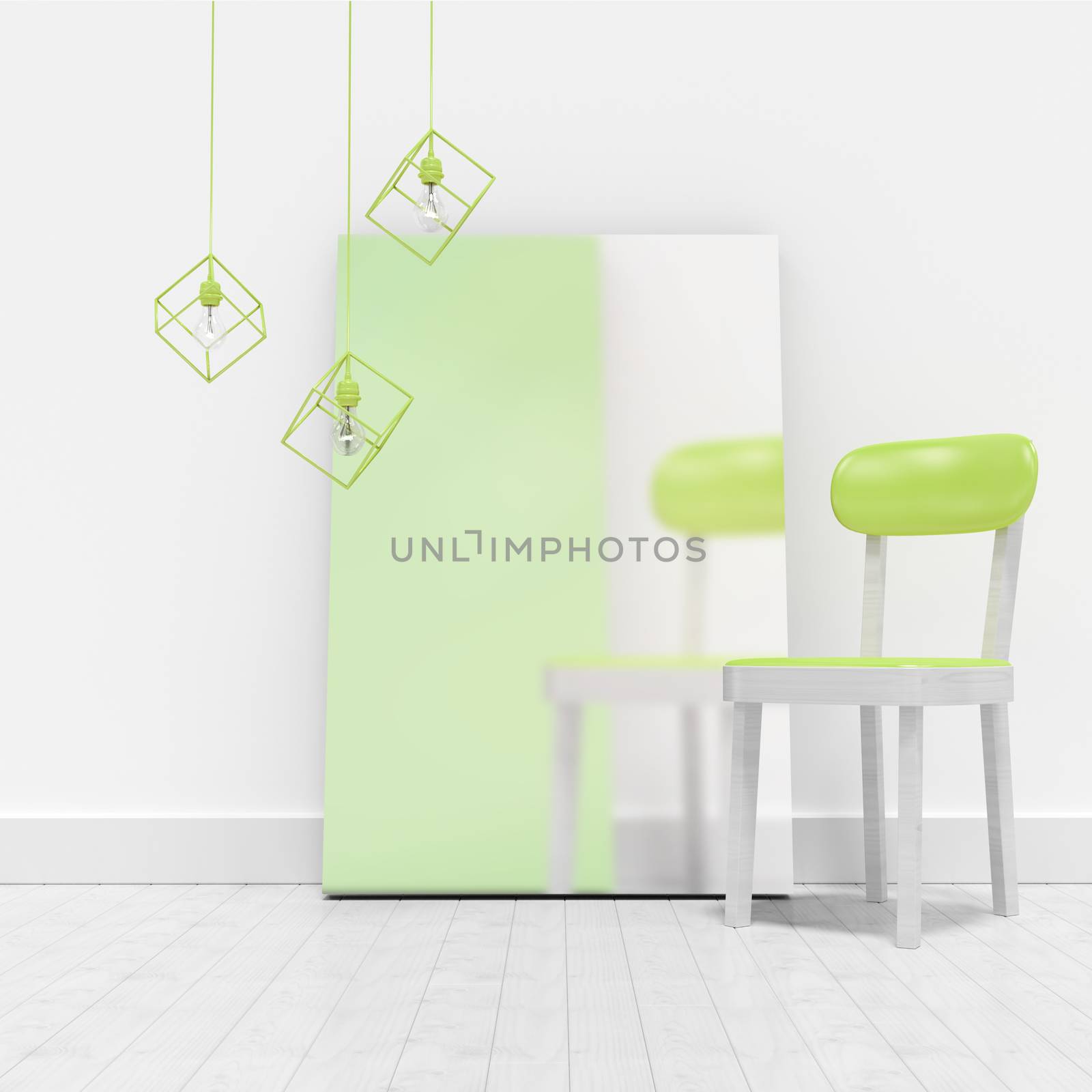 Green chair by blank whiteboard against wall  by Wavebreakmedia
