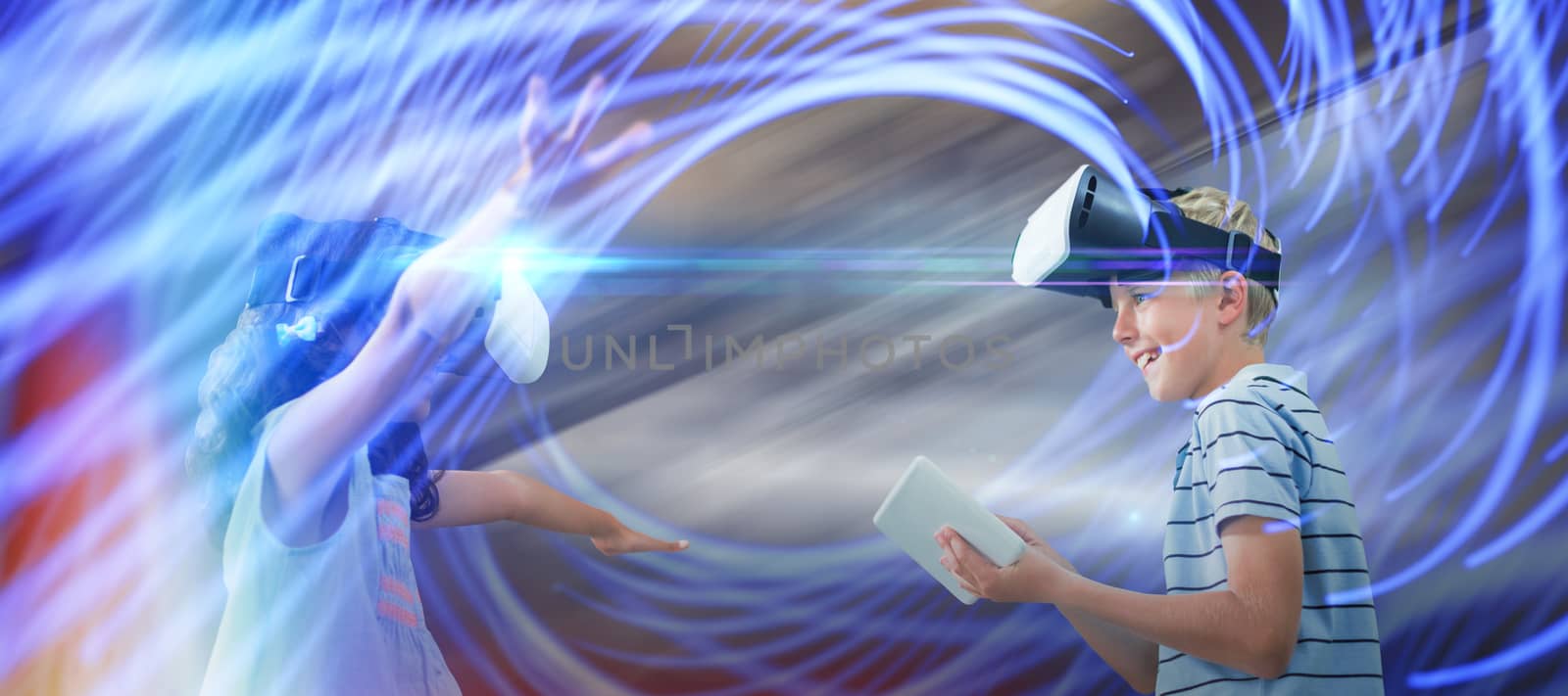 Composite image of siblings using virtual reality glasses and digital tablet by Wavebreakmedia