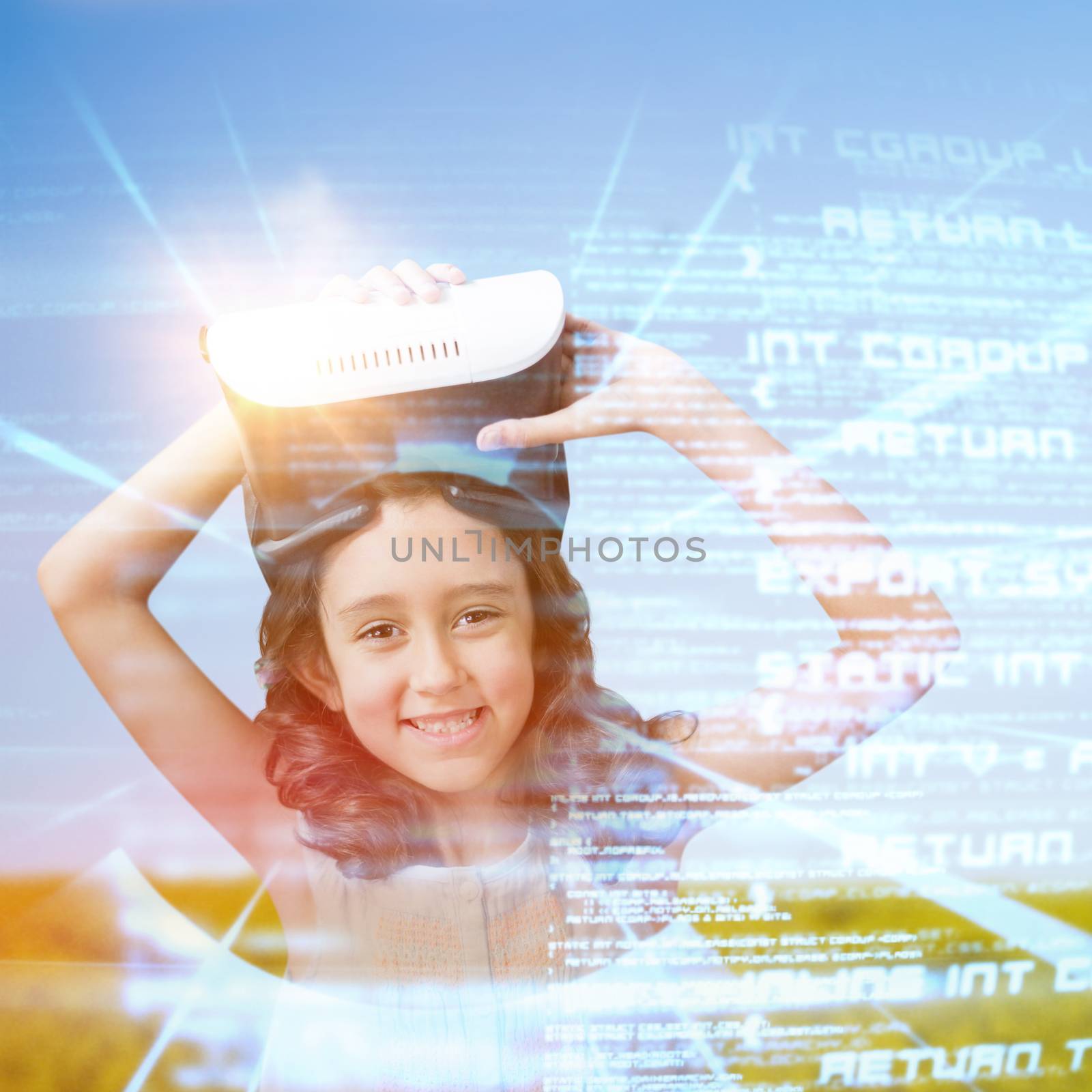 Portrait of smiling girl wearing virtual reality glasses against flock of bird flying over field