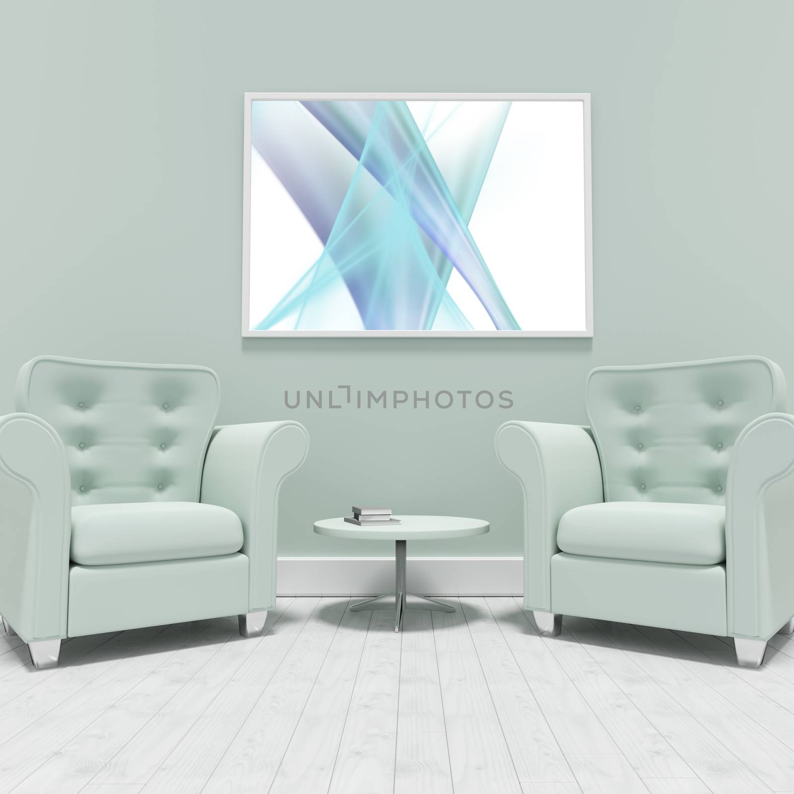 Composite image of blue light ray against white background against green armchairs against blank picture frame 
