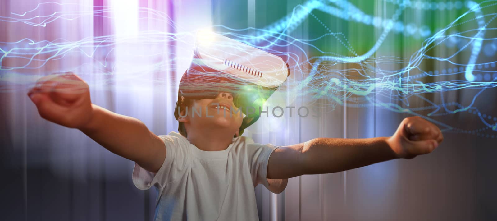 Happy boy using virtual reality glasses against abstract shiny black background