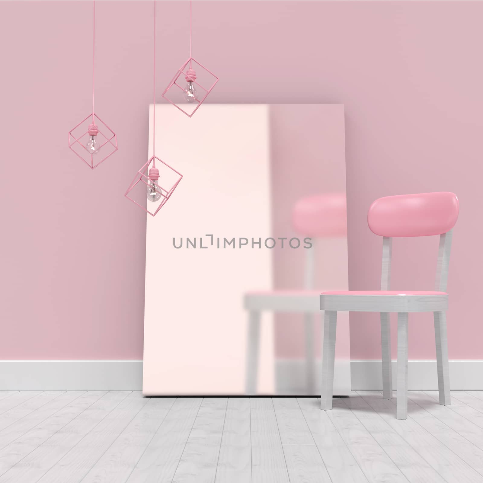 Pink chair by blank whiteboard against wall  by Wavebreakmedia