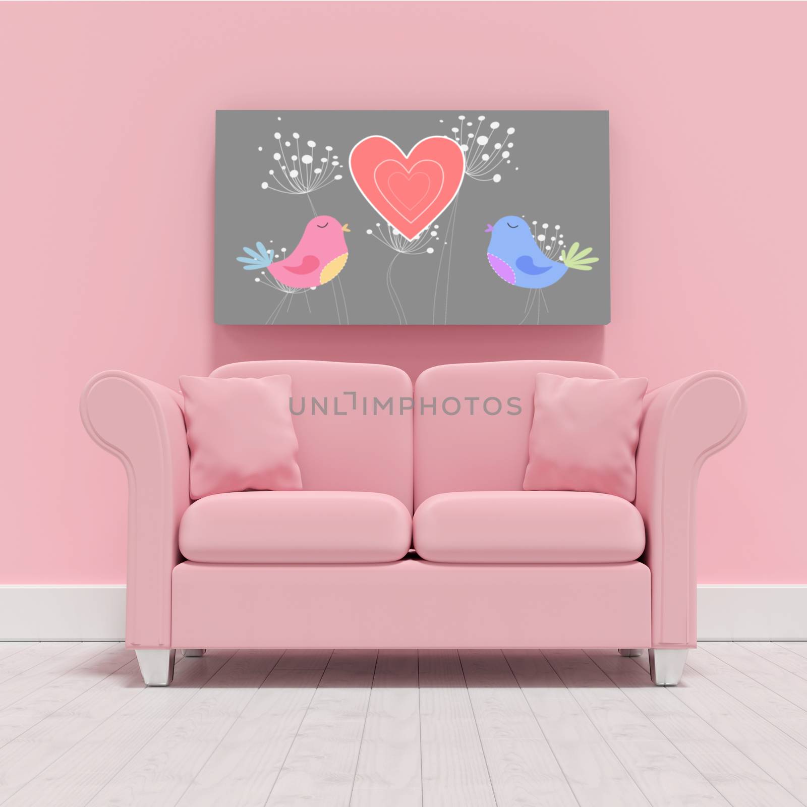 Pink couch against blank picture frame  against love birds with heart and dandelions