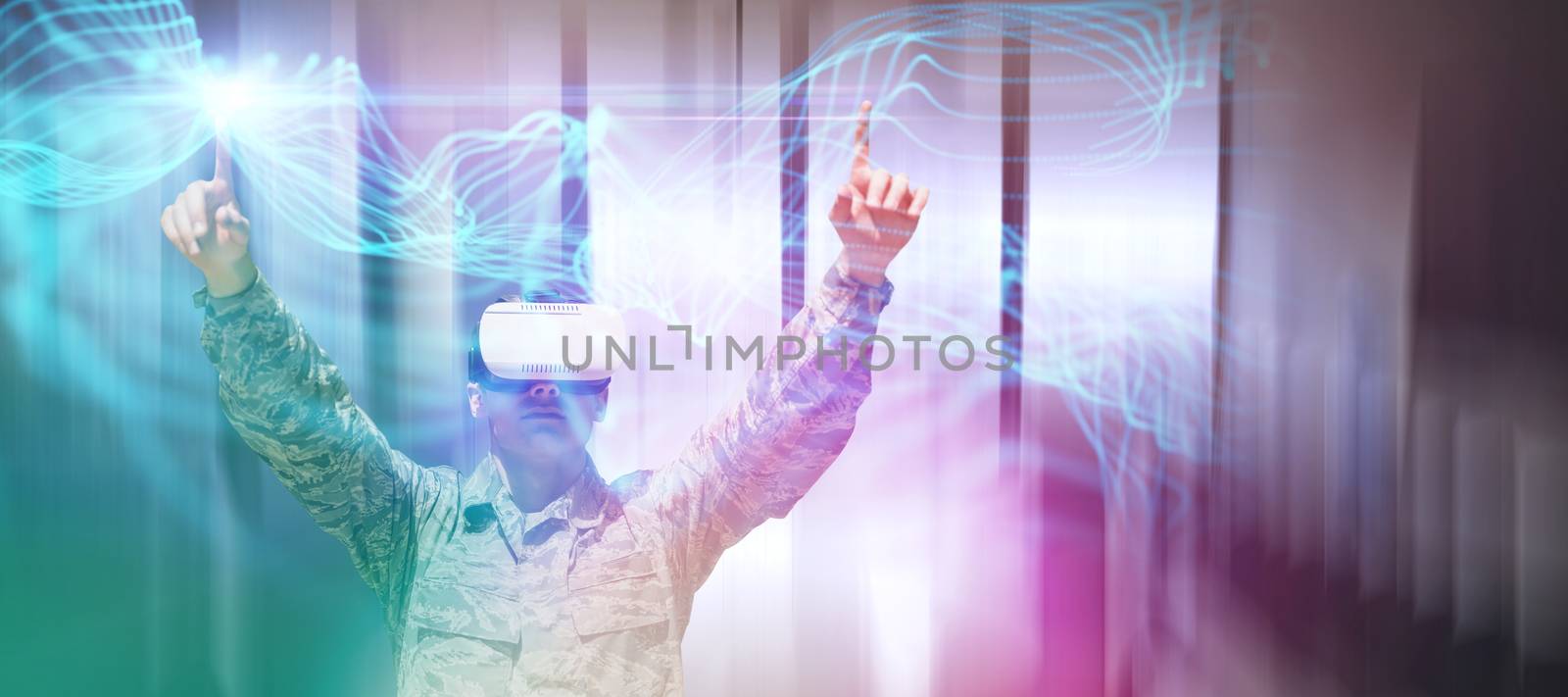 Army soldier gesturing while using virtual reality glasses against abstract glowing black background