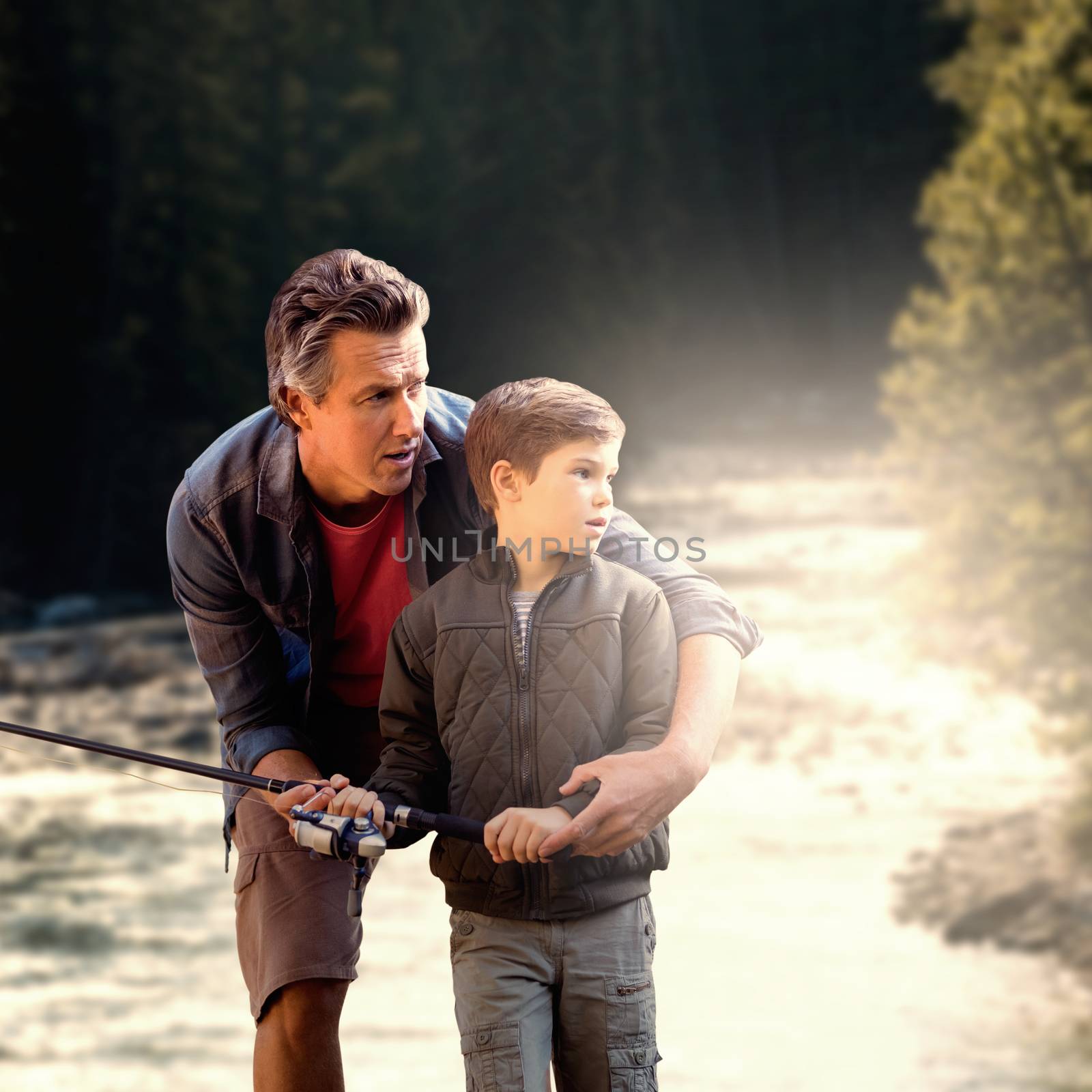 Composite image of father teaching his son fishing  by Wavebreakmedia