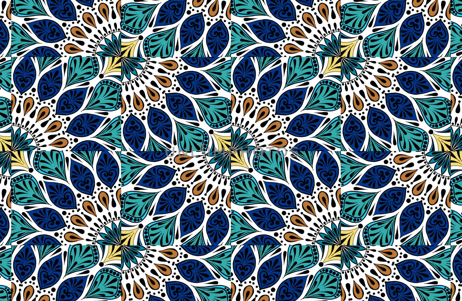 Colorful floral ethnic mandala pattern in patchwork boho chic style in blue and turquoise colors, in portuguese and moroccan motive