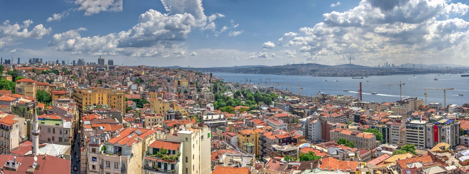 Istambul, Turkey – 07.13.2019. Big panoramic top view of Beyoglu district in Istanbul on a sunny summer day