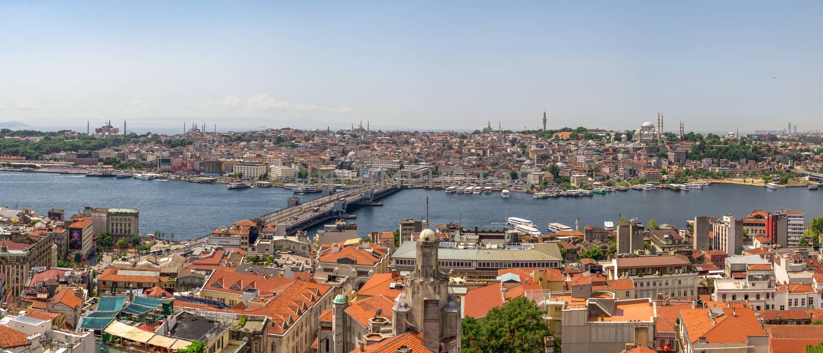 Istambul, Turkey – 07.13.2019. Big panoramic top view of Eminonu district of Istanbul and Galata bridge on a sunny summer day