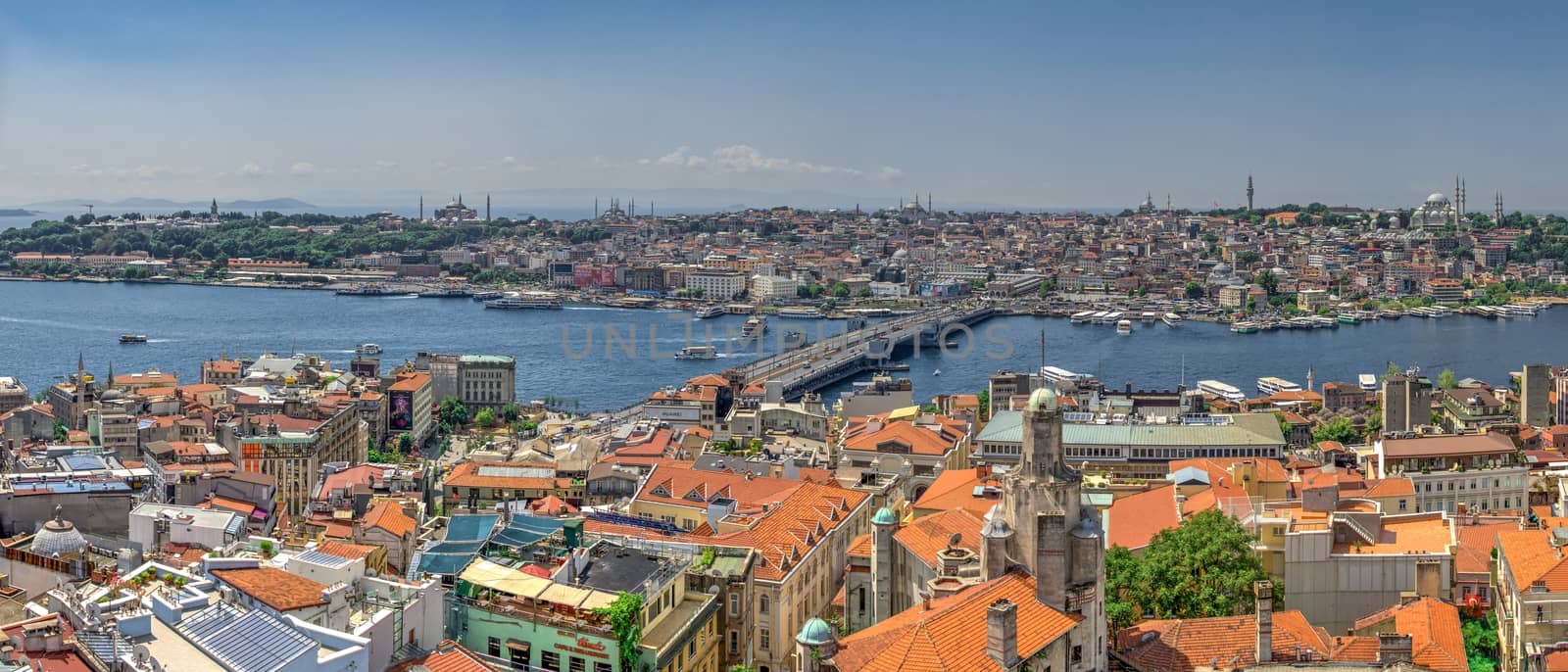 Istambul, Turkey – 07.13.2019. Big panoramic top view of Eminonu district of Istanbul and Galata bridge on a sunny summer day