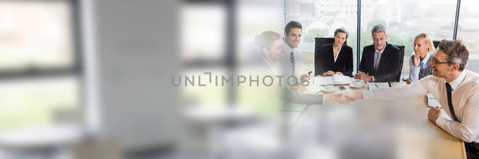 Digital composite of Business people having a meeting with windows transition effect