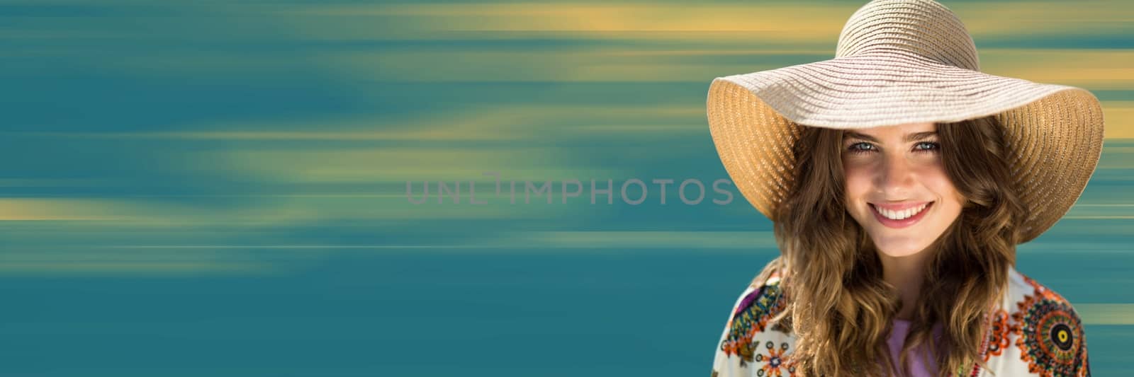 Digital composite of Close up of woman in summer hat against blurry yellow and blue background