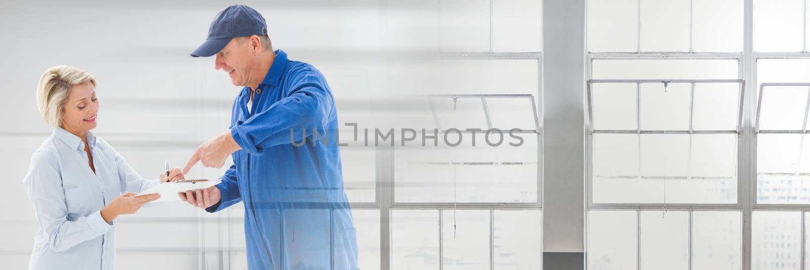 Digital composite of People Signing Paper Agreement with windows transition