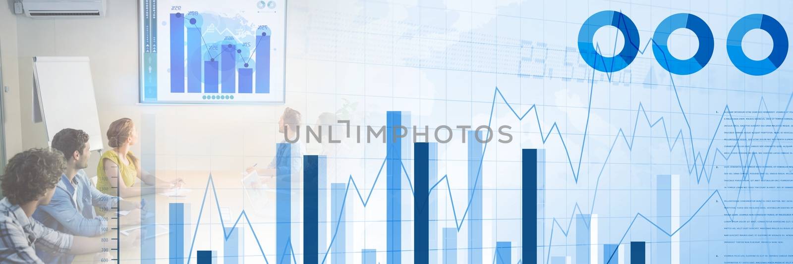 Digital composite of Business people having a meeting with bar charts and statistics transition effect