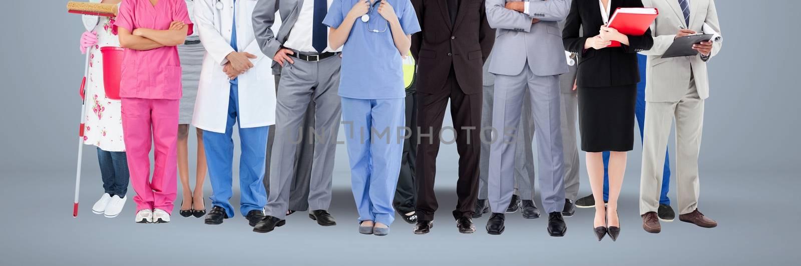 Digital composite of Group of People  with various job careers standing with grey background