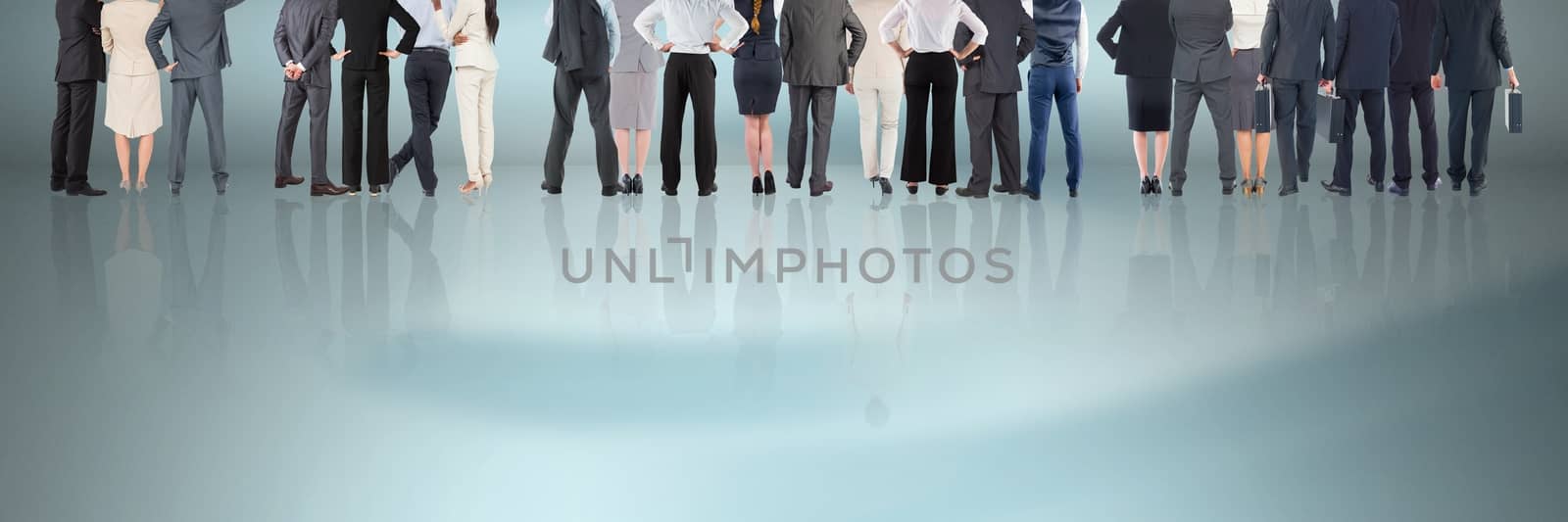 Digital composite of Group of Business People standing on reflective surface