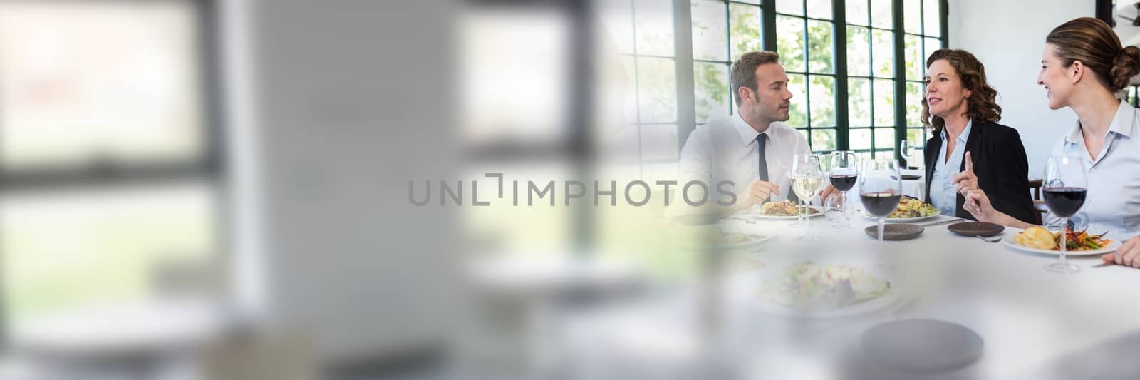 Digital composite of Business people having a meeting with windows transition effect