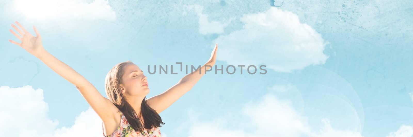 Digital composite of Millennial woman arms in air against Summer sky with flare