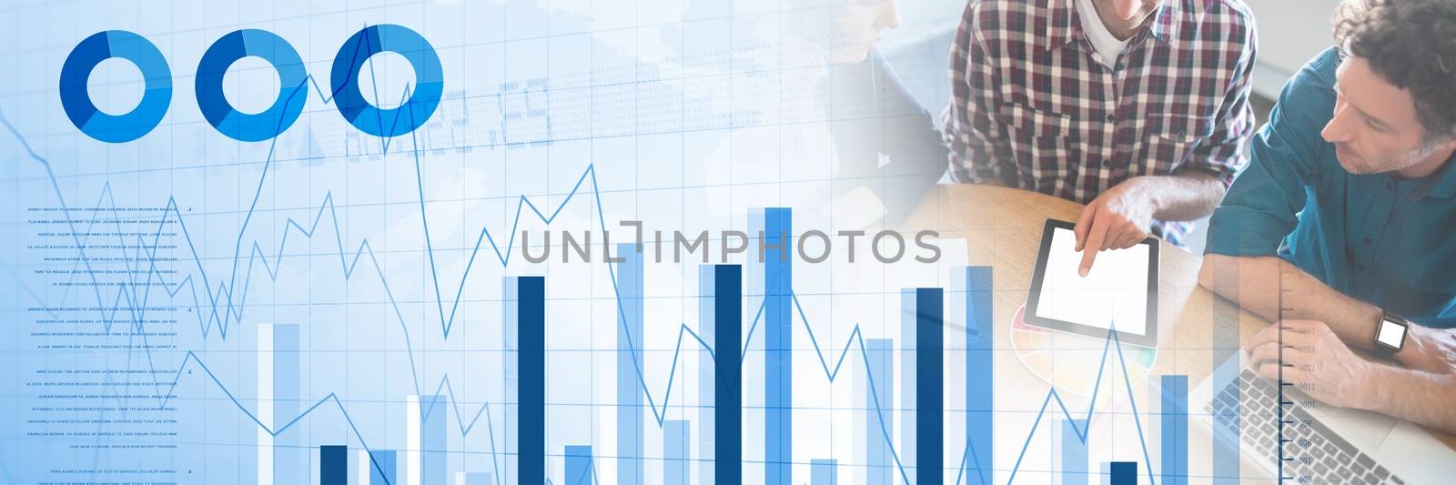 Digital composite of Business people having a meeting with bar charts and statistics transition effect