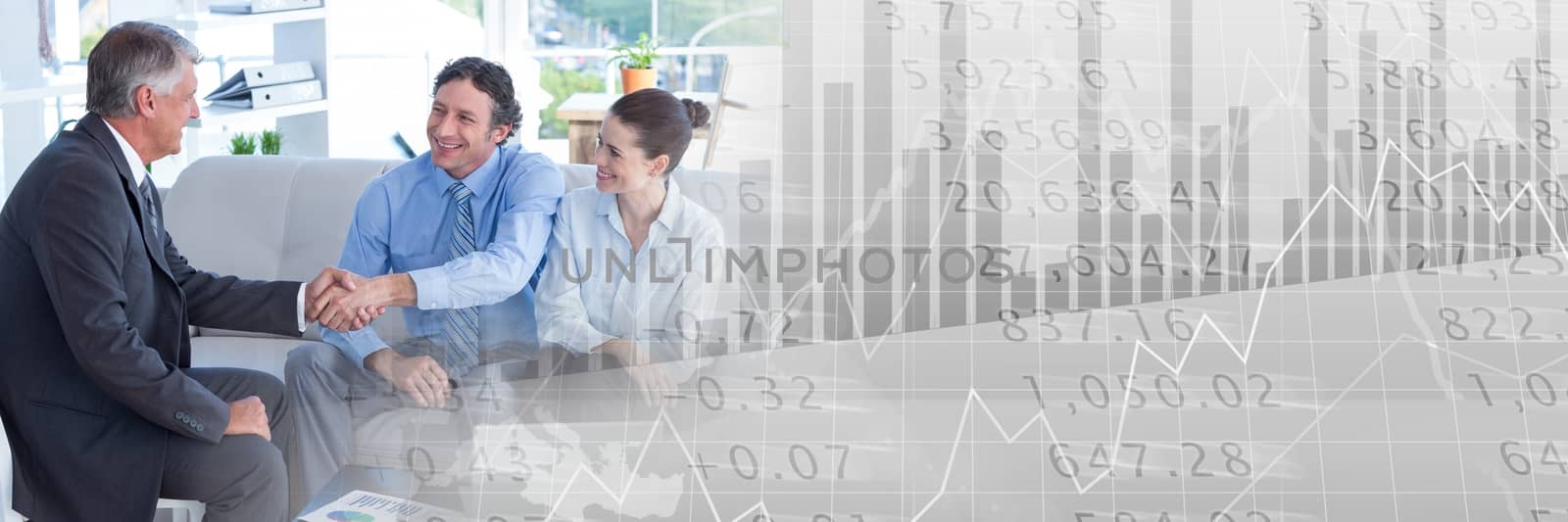 Digital composite of Business people having a meeting with financial figures transition effect