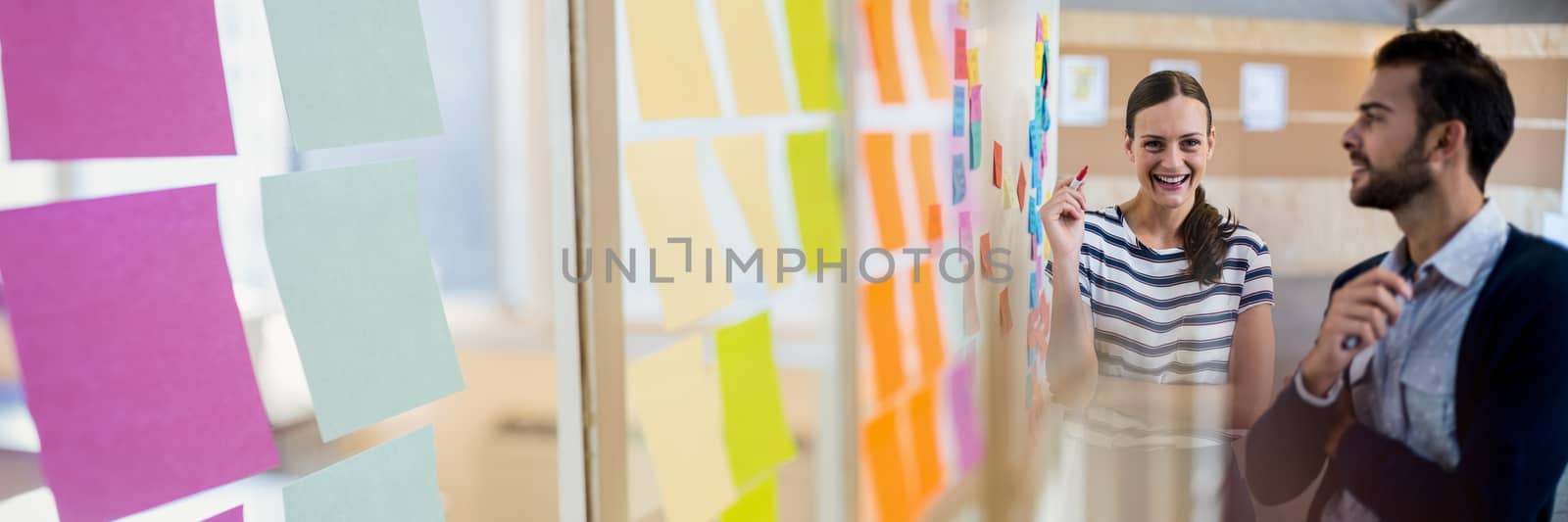 Digital composite of Business people having a meeting with sticky notes transition effect