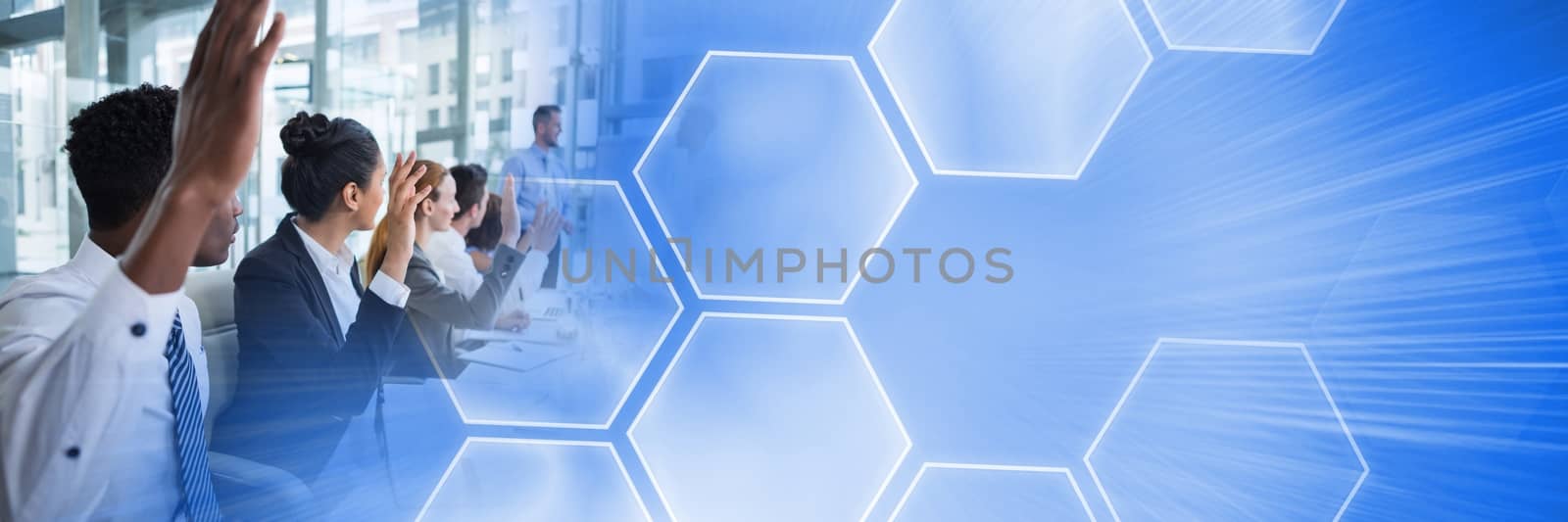 Digital composite of Business people having a meeting with hexagons graphics transition effect
