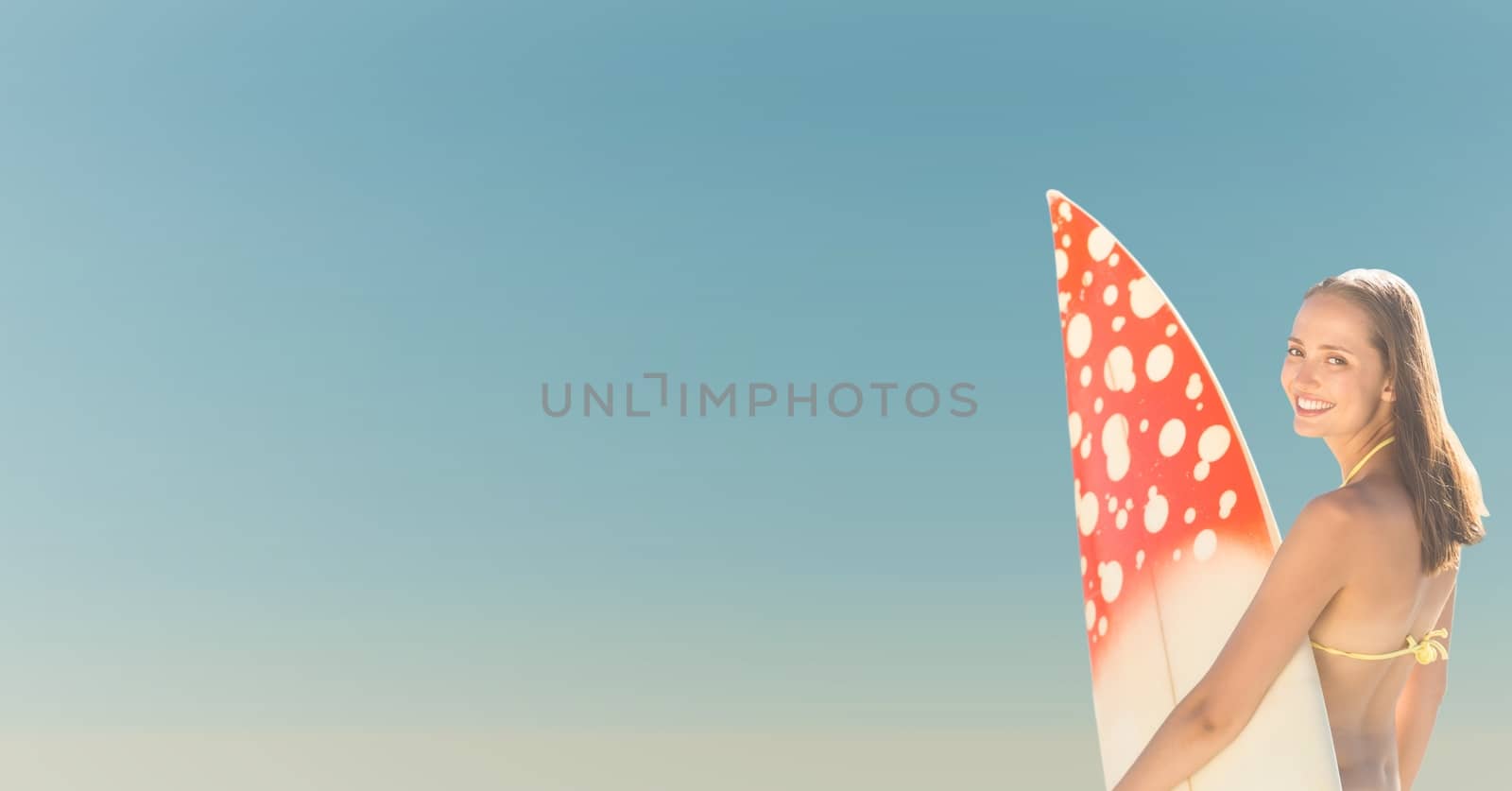 Digital composite of Back of surfer woman Summer sky