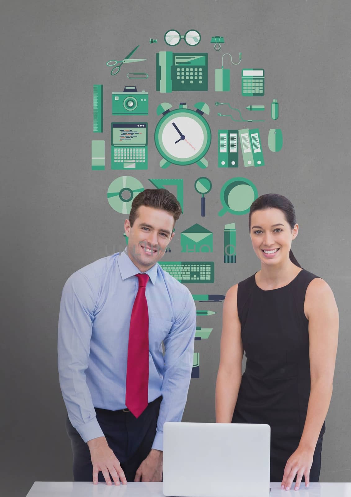 Digital composite of Happy business people at a desk using a computer against grey background with green graphic