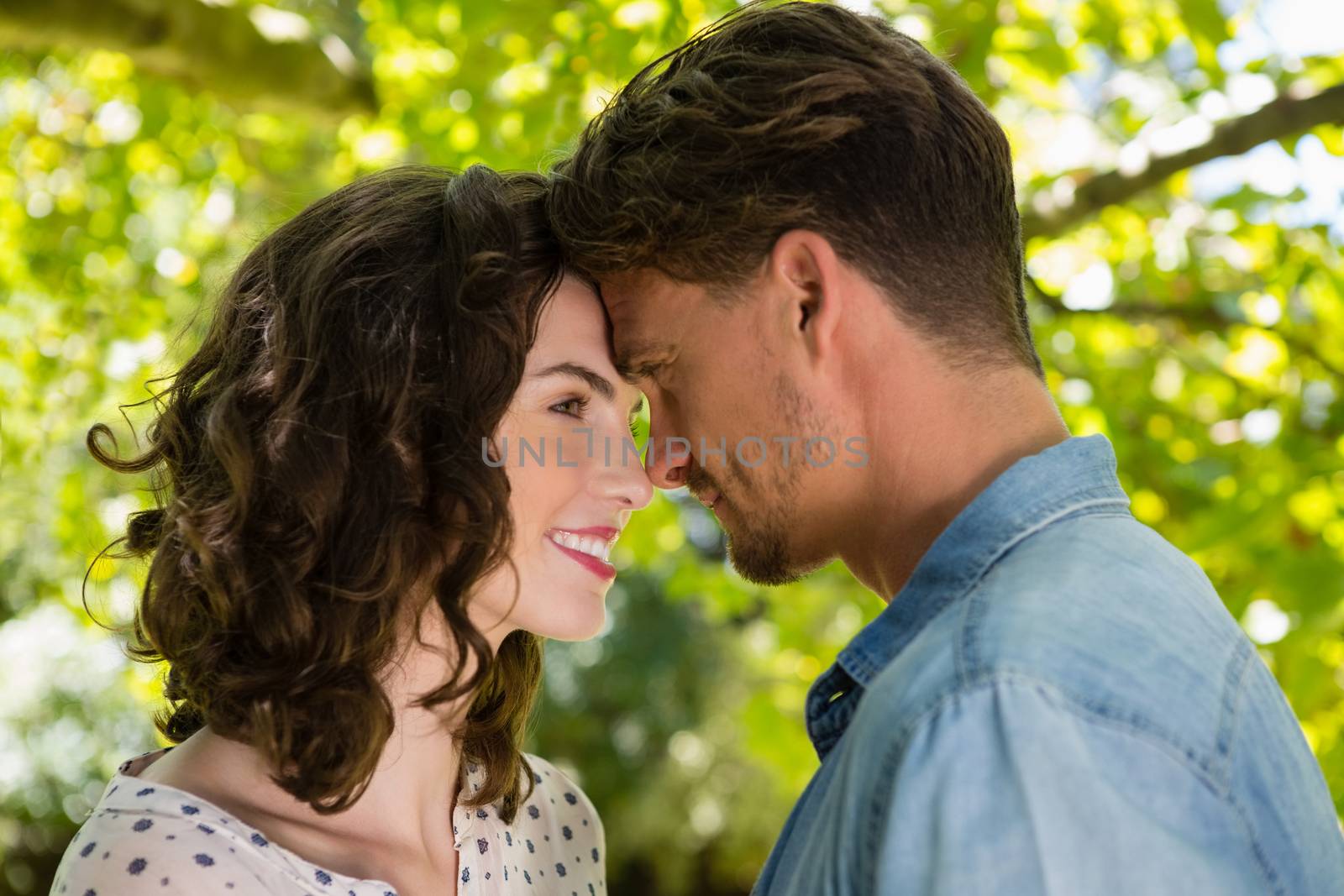 Romantic couple looking face to face in garden by Wavebreakmedia