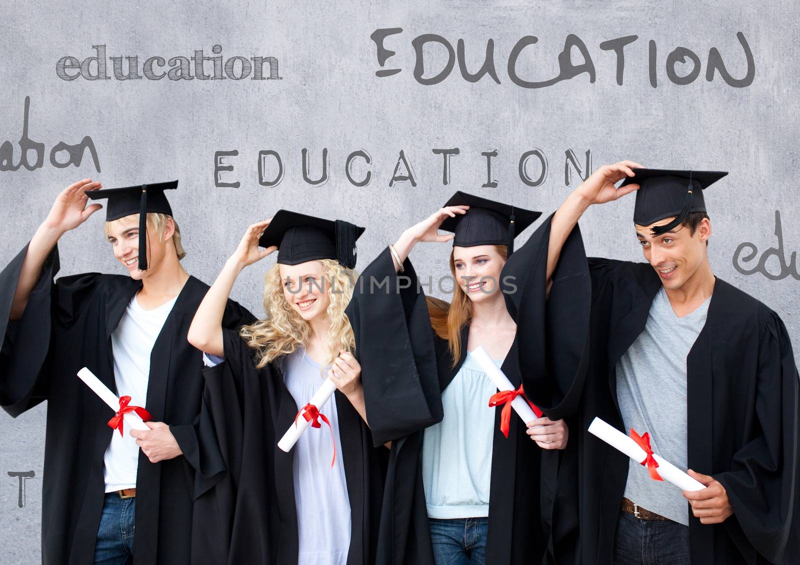 Digital composite of Group of graduates standing in front of education text