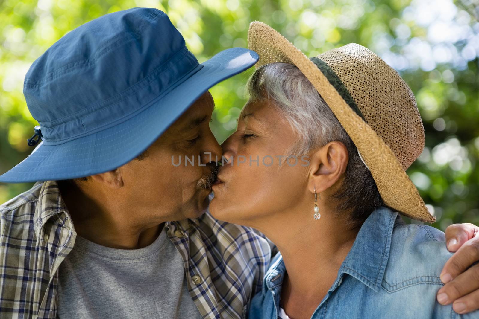 Senior couple kissing each other in park by Wavebreakmedia
