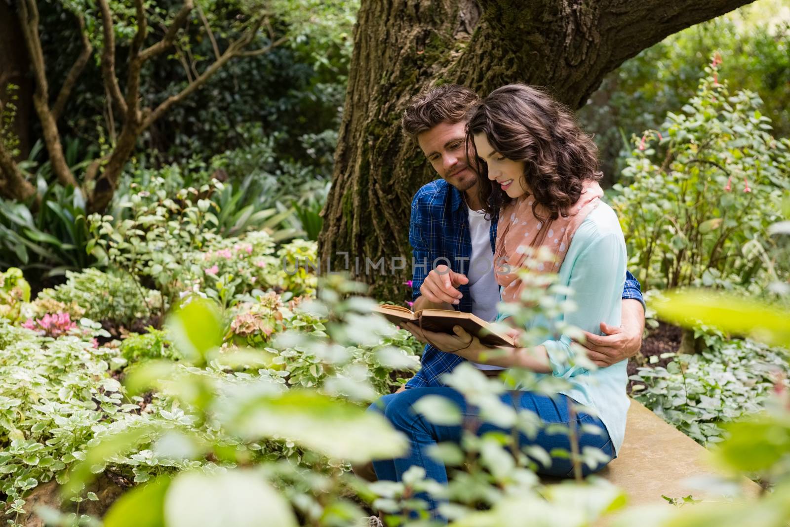 Romantic couple reading book on bench in garden on a sunny day
