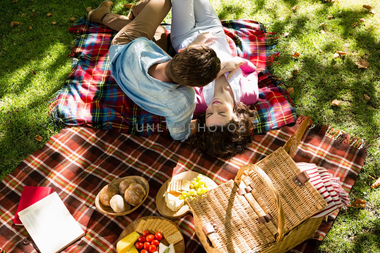 Romantic couple lying on picnic blanket in park on a sunny day