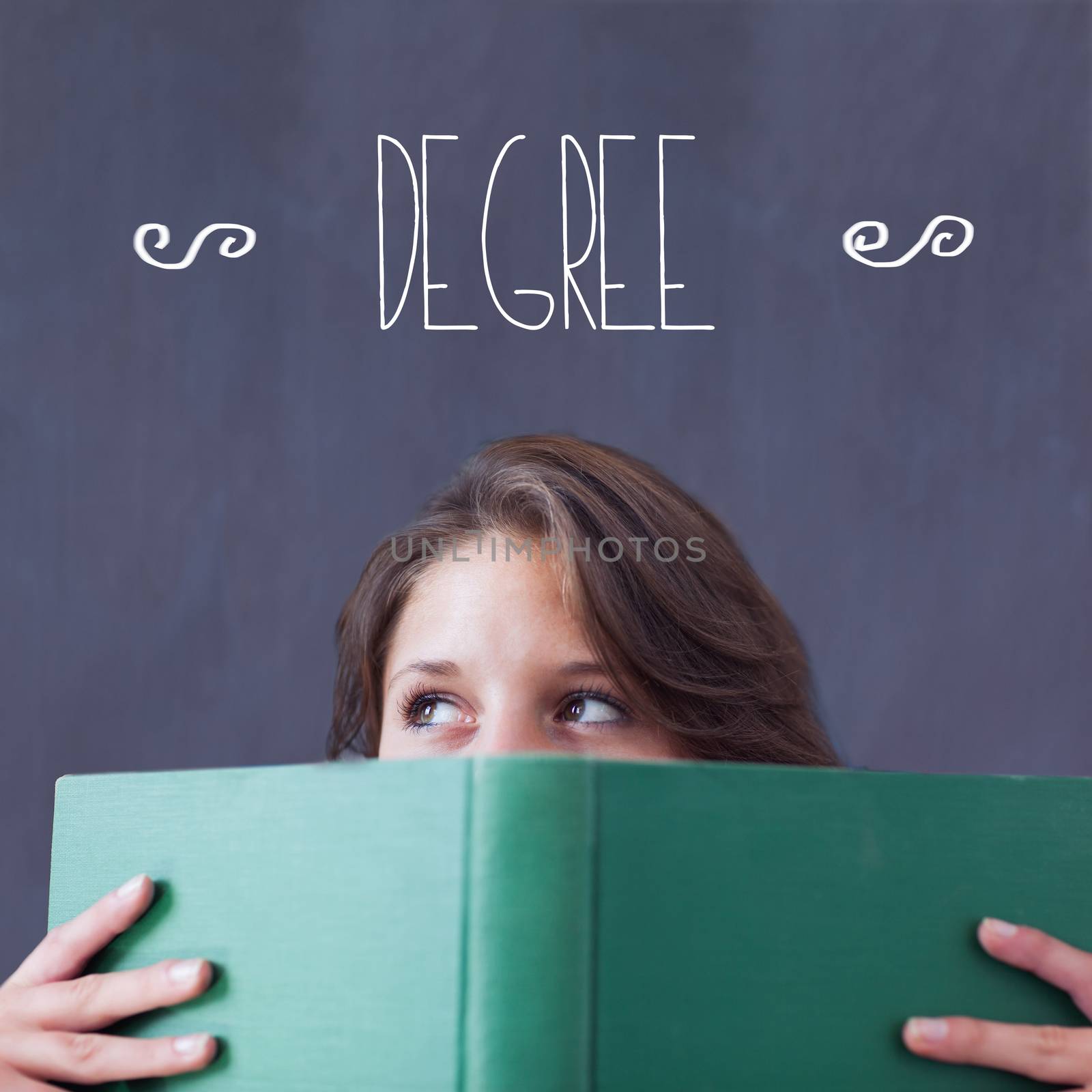 The word degree against student holding book